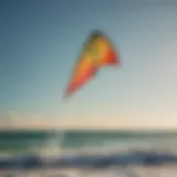 A vibrant kite soaring high above the ocean waves