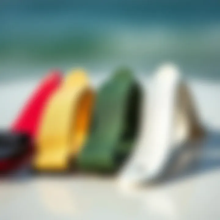 An assortment of surfboard strap materials displayed side by side.