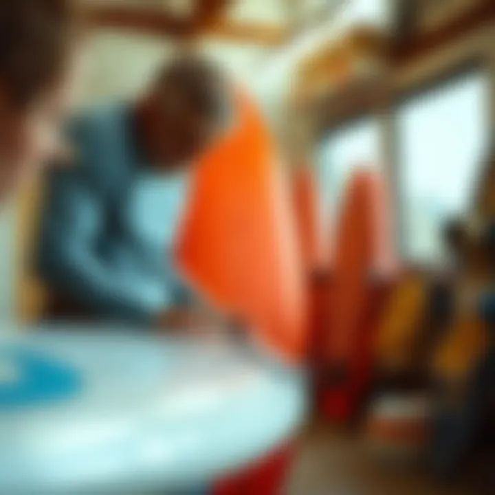 An expert examining a surfboard for quality