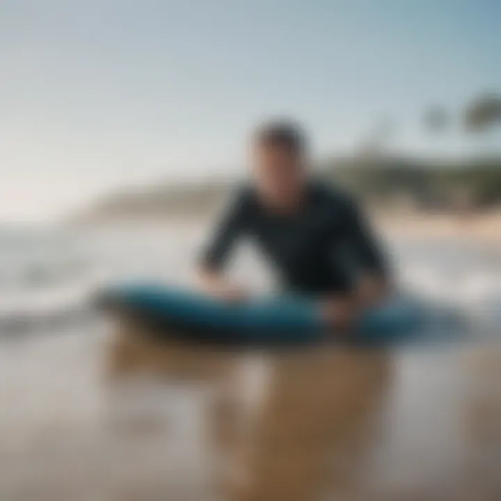 An expert analyzing and testing bodyboards on the beach