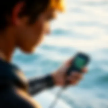 Rip Curl GPS in Action An athlete using the Rip Curl GPS while surfing, illustrating its practical application in action