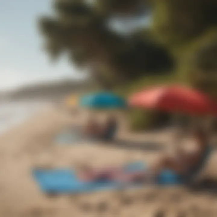 A tranquil scene of beachgoers enjoying nature, with colorful umbrellas and beach towels scattered across the sandy shore, emphasizing the cultural significance of beach environments.