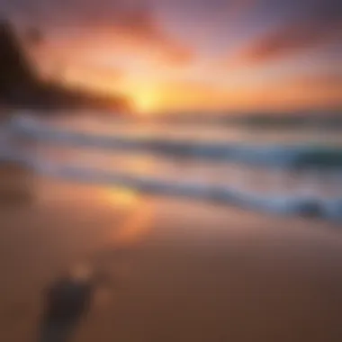 A breathtaking view of a sandy beach at sunset, showcasing vibrant colors in the sky and gentle waves lapping at the shore.