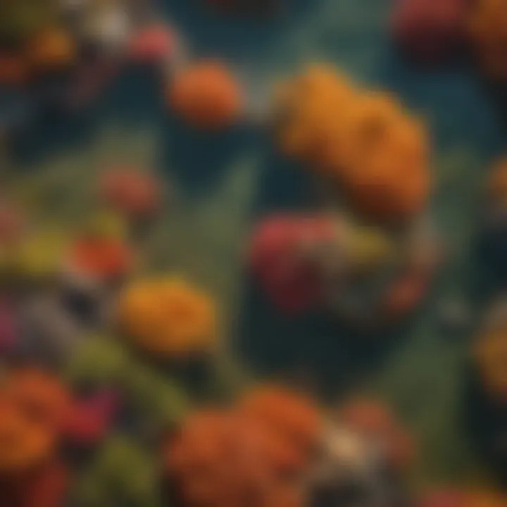 An overhead shot of intricate tidal pools filled with diverse marine life and colorful seaweed, highlighting the ecological richness of beach environments.