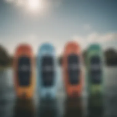 An illustration of different types of wakeboards lined up side by side