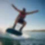 A vibrant wakeboard set against a clear blue sky