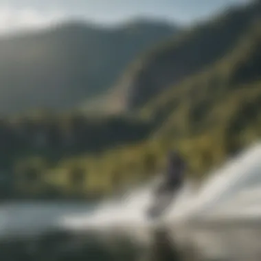 A scenic view of a lake with wakeboarders enjoying the sport