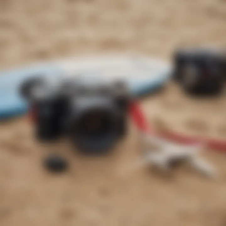 A close-up view of essential surfing gear laid out on the sand.