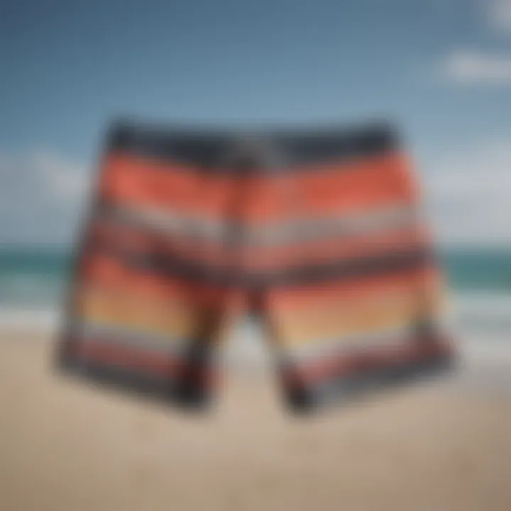 Different styles of boardshorts arranged for comparison