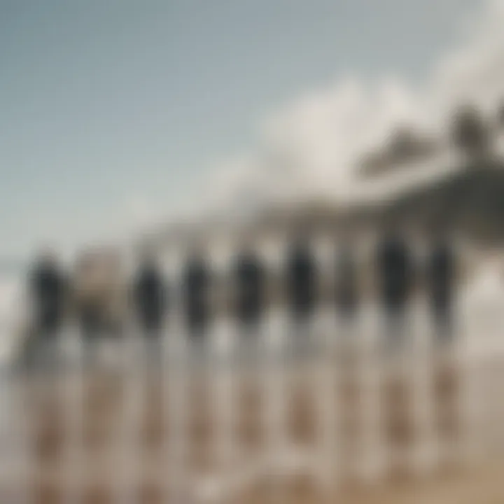 Group of surfers gathered on the beach, embodying community spirit