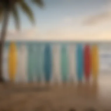 A tranquil ocean view with surfboards lined up on the beach