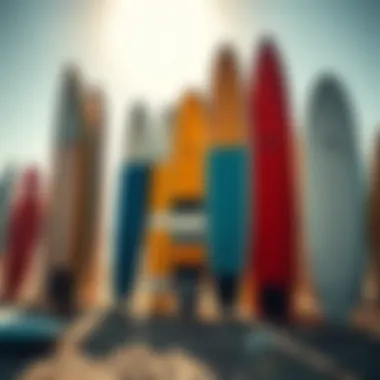 Diverse Surfboard Selection on the Beach A variety of surfboards displayed on a sandy beach under the sun.
