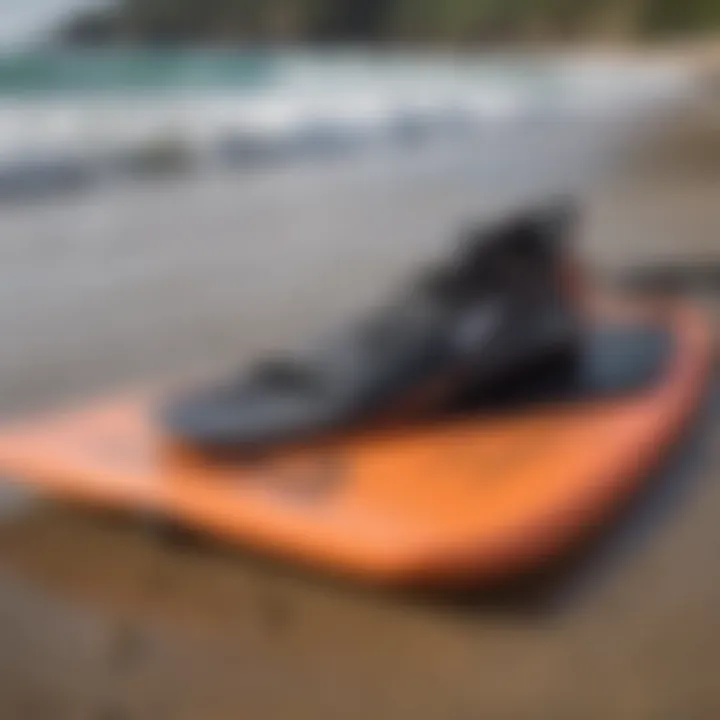 Close-up of a bodyboard's fin and leash attachment.