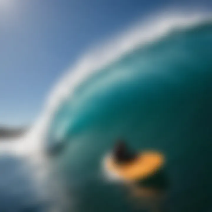 A vibrant ocean scene with a bodyboarder riding a wave.