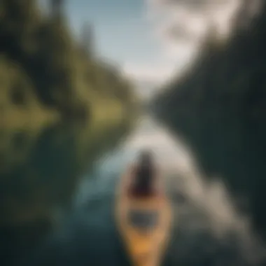 A serene lake showing a paddler in calm conditions.