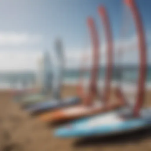 Different types of windsurf boards displayed on the shore