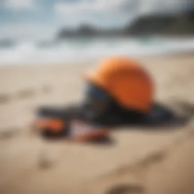 Safety gear for surfing neatly arranged on the sand