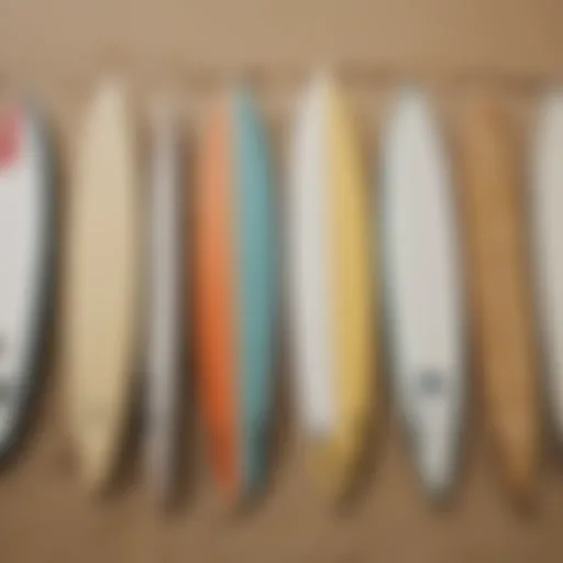 Diverse surfboard types displayed on a sandy beach