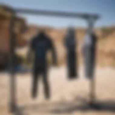 Wetsuit drying on a hanger in a well-ventilated area