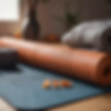 A close-up of a yoga mat with essential props around