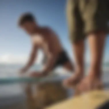 An individual measuring a surfboard with a tape measure