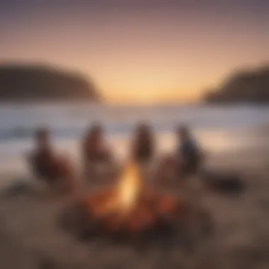 Group of surfers enjoying a campfire on the beach