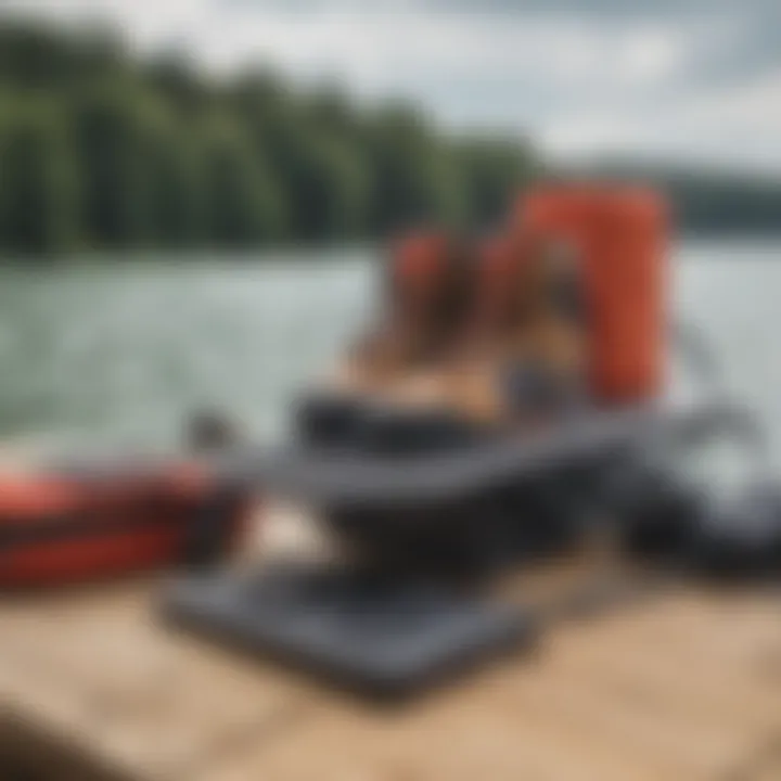 Safety gear and electric wakeboard on a dock