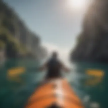 A serene ocean view with a kayaker practicing deep breathing techniques