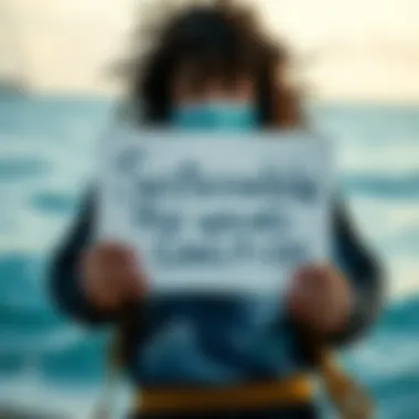 An activist holding a sign promoting sustainable ocean practices