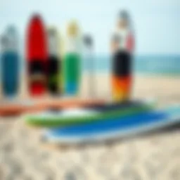 Variety of paddle boards displayed on a beach