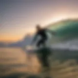 A dynamic bodyboarder riding a wave at sunset