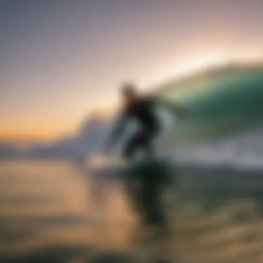 A dynamic bodyboarder riding a wave at sunset