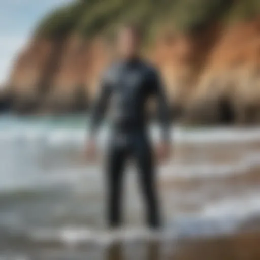 A tall individual showcasing a well-fitted wetsuit by the ocean.