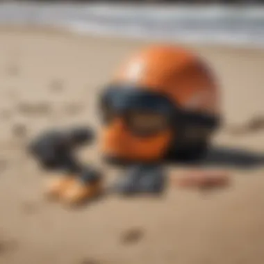 Safety gear such as helmets and impact vests displayed on a sandy surface