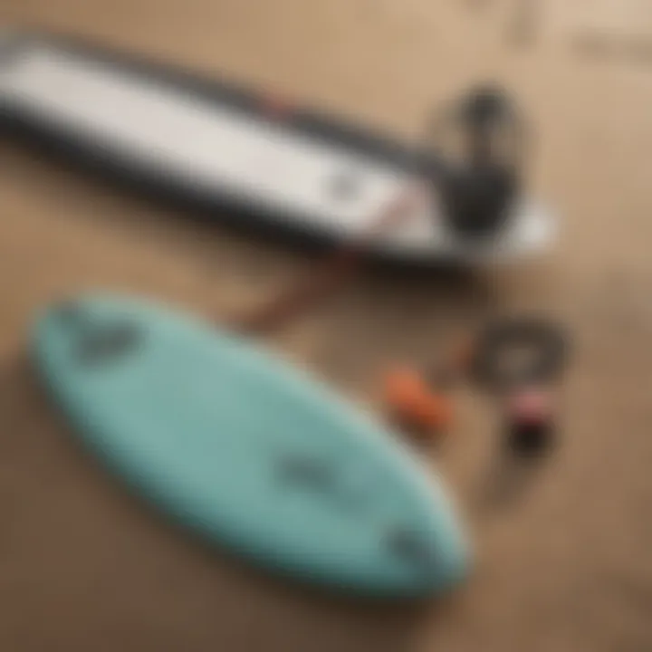 Close-up of essential surfing accessories including wax, leashes, and fins