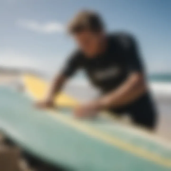 A surfer tuning their board with wax, demonstrating maintenance practices