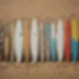 A variety of surfboards lined up on the beach showcasing different shapes and sizes