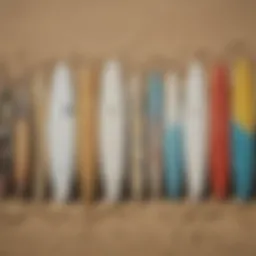 A variety of surfboards lined up on the beach showcasing different shapes and sizes