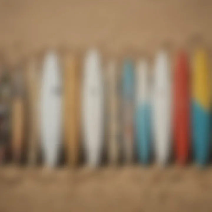 A variety of surfboards lined up on the beach showcasing different shapes and sizes