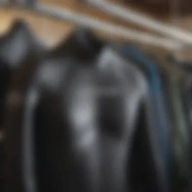 Close-up of a high-quality wetsuit hanging on a rack, highlighting its features and material.