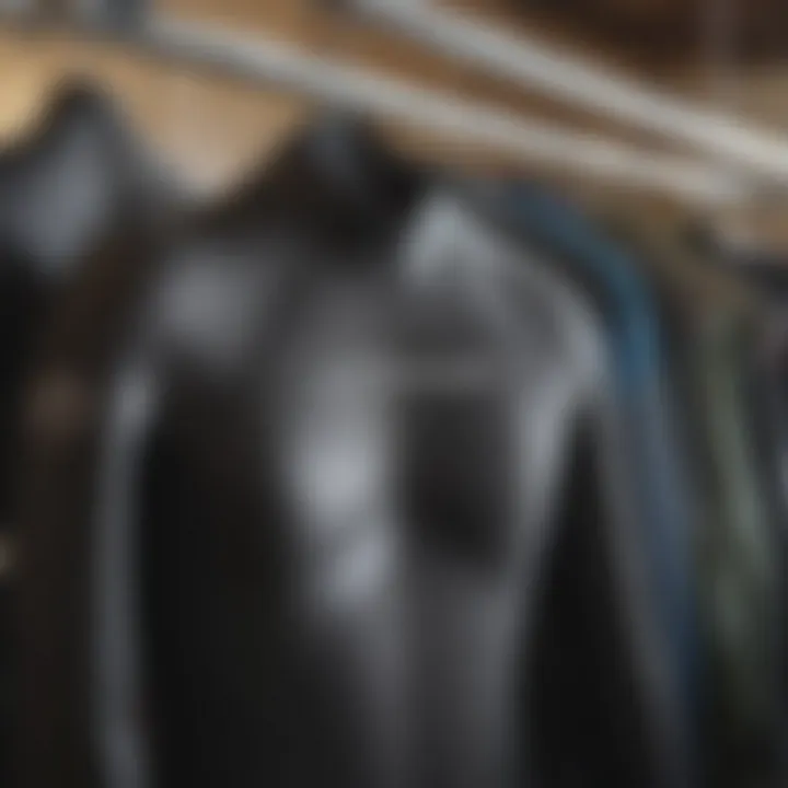 Close-up of a high-quality wetsuit hanging on a rack, highlighting its features and material.