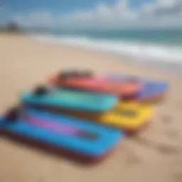 An array of colorful boogie boards on the beach