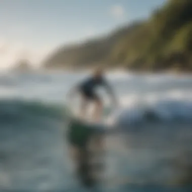 A beginner surfer practicing balance on a soft-top surfboard