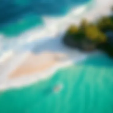 Aerial Perspective of Surfing Paradise Aerial view of surfers on a pristine beach