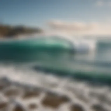 A panoramic view of a popular surf spot with waves crashing