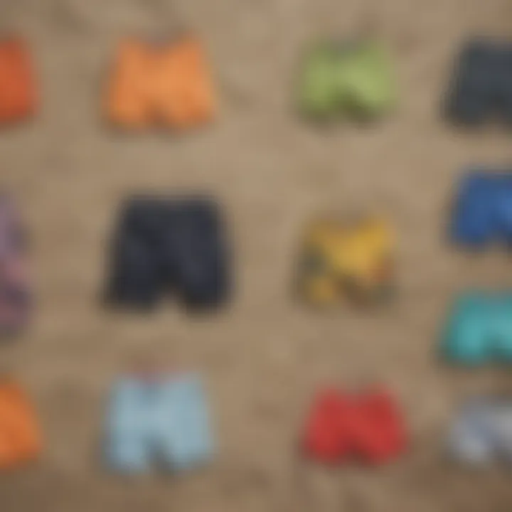 Various styles of board shorts arranged aesthetically