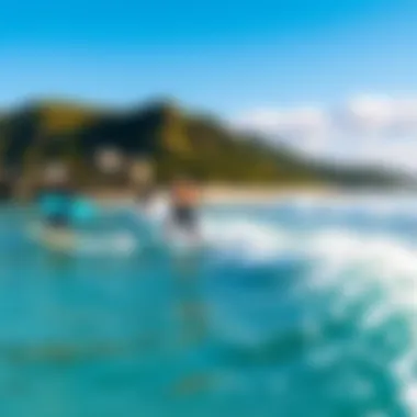 Bodyboarding in Action A scenic beach with surfers using bodyboards, illustrating the sport's appeal