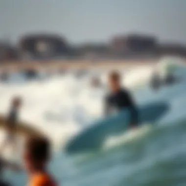 Surfing at Huntington Beach Diverse surfer crowd enjoying the waves at Huntington Beach on a sunny day