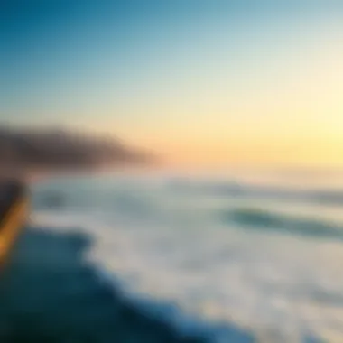 A panoramic view of a popular California surf spot with surfers and onlookers