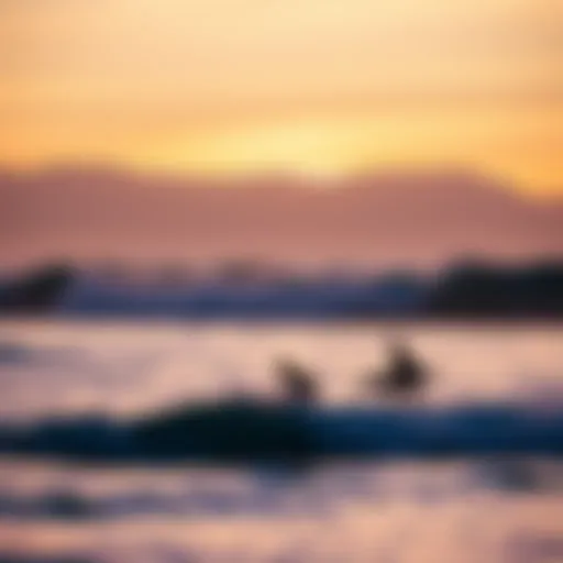 Sunset Surfing in California A breathtaking sunset over a California surf beach with surfers catching waves